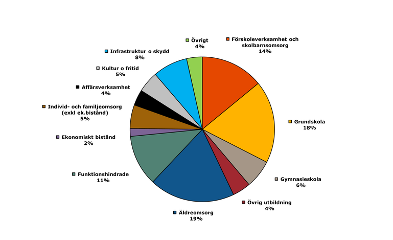 Cirkeldiagram som visar fördelningen av kommunernas kostnader. Fördelningen avser 882 883 miljoner kronor.